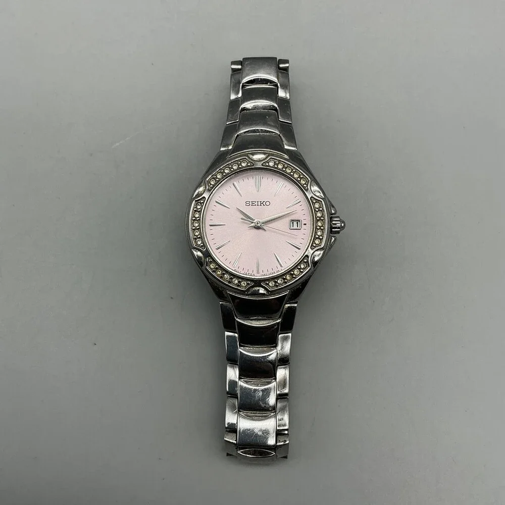 Seiko 7N82-0GG0 Womens Watch 26mm Pink Dial Crystals Stainless New Battery 6